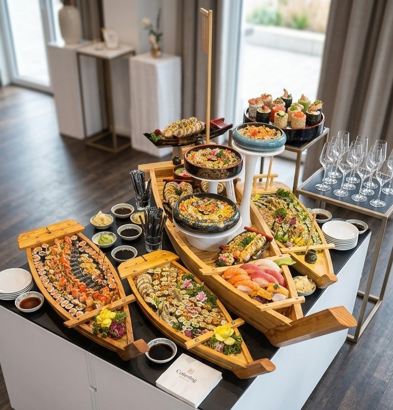 Sushi-Catering-Buffet für Firmenevents in Leipzig mit Sushi-Booten, Schalen und Sektgläsern