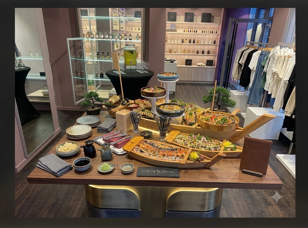 Sushi-Catering-Buffet bei einem Store Opening in Leipzig mit Sushi-Booten und exklusiver Präsentation