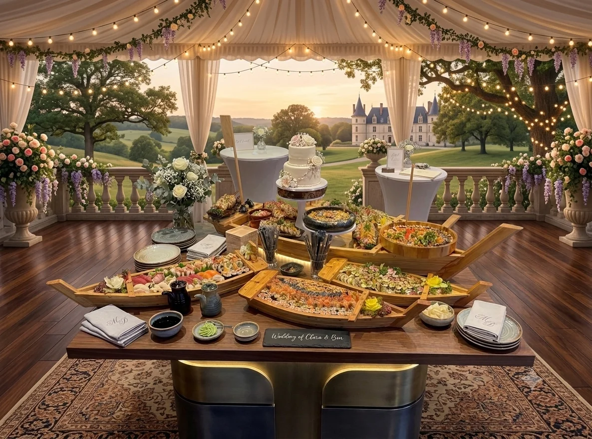 Luxuriöses Hochzeits-Sushi-Buffet in Leipzig – Sushi-Boote und festliche Platten im Schlossgarten