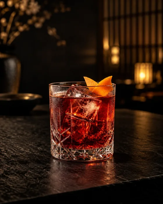 Cocktail im Kristallglas in warmem Tokoro-Ambiente